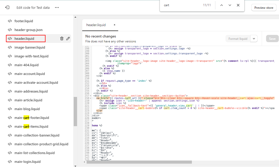 find cart section in header liquid