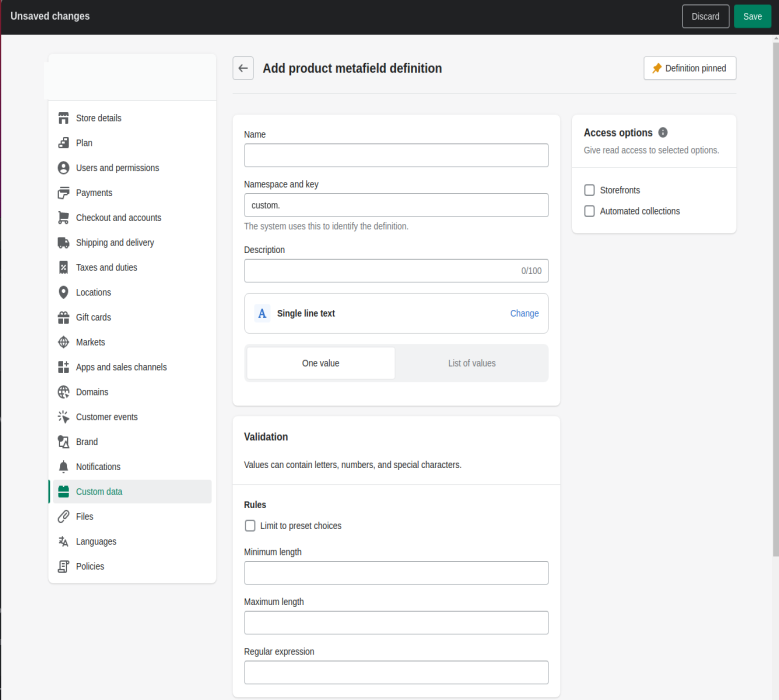 add Shopify metafield definition