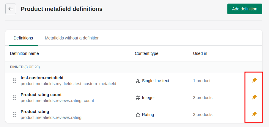 pin definitions to display in the metafields list