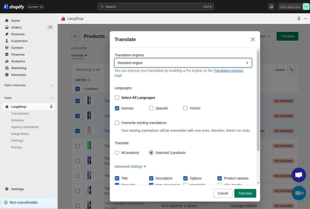 translations settings