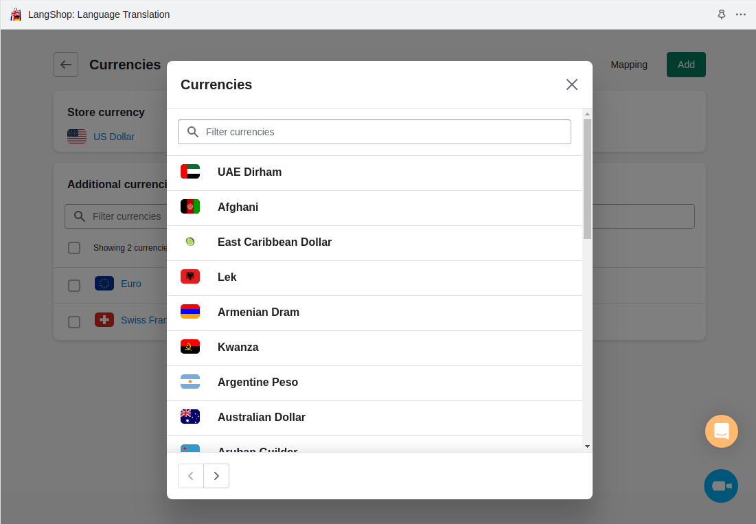 LangShop currency selection