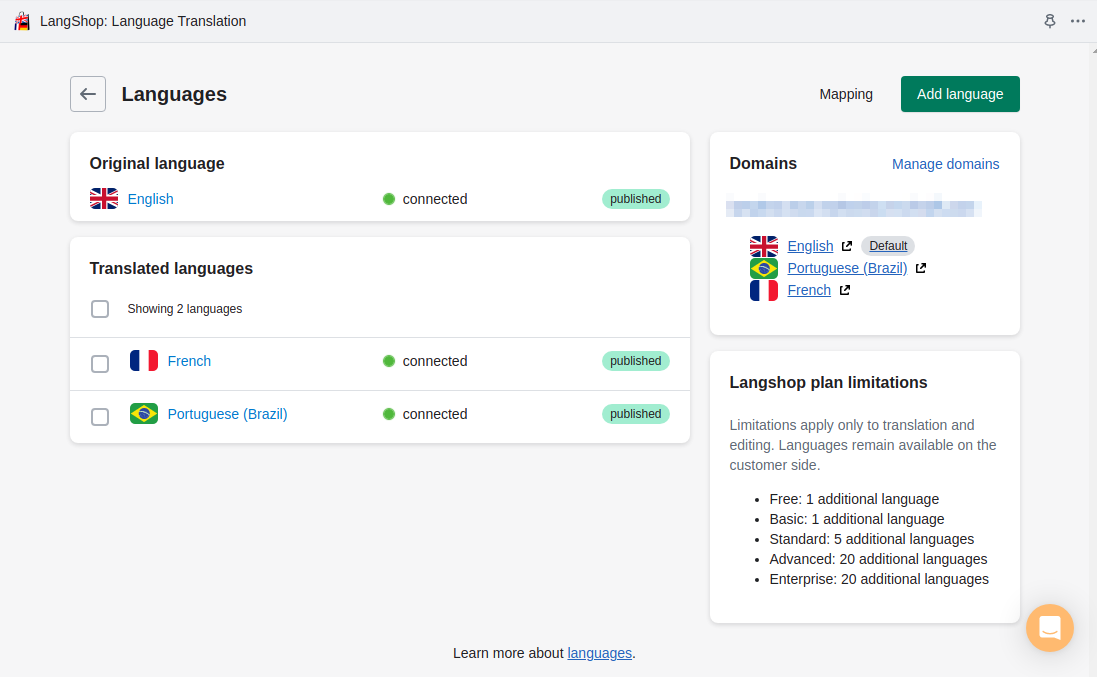 LangShop Languages settings